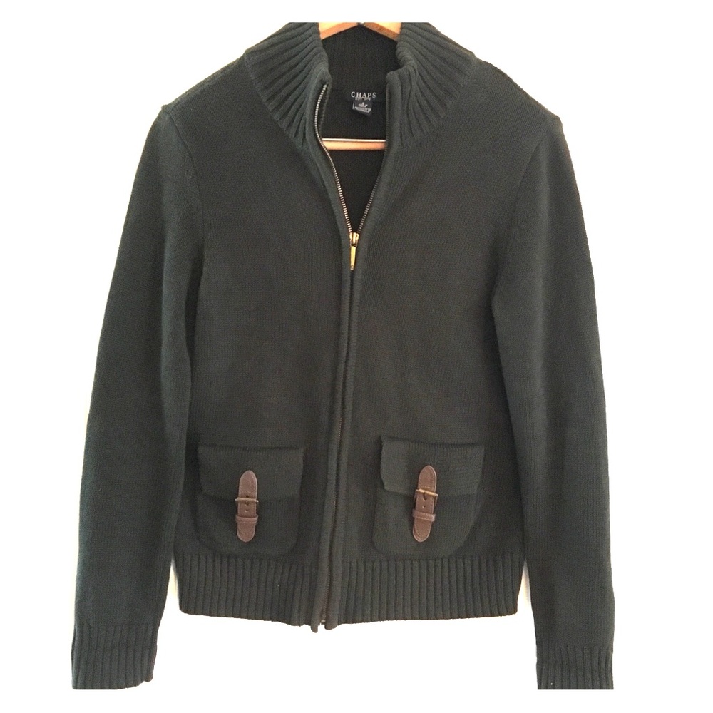 Chaps knit sweater w/ zipper and leather buckles